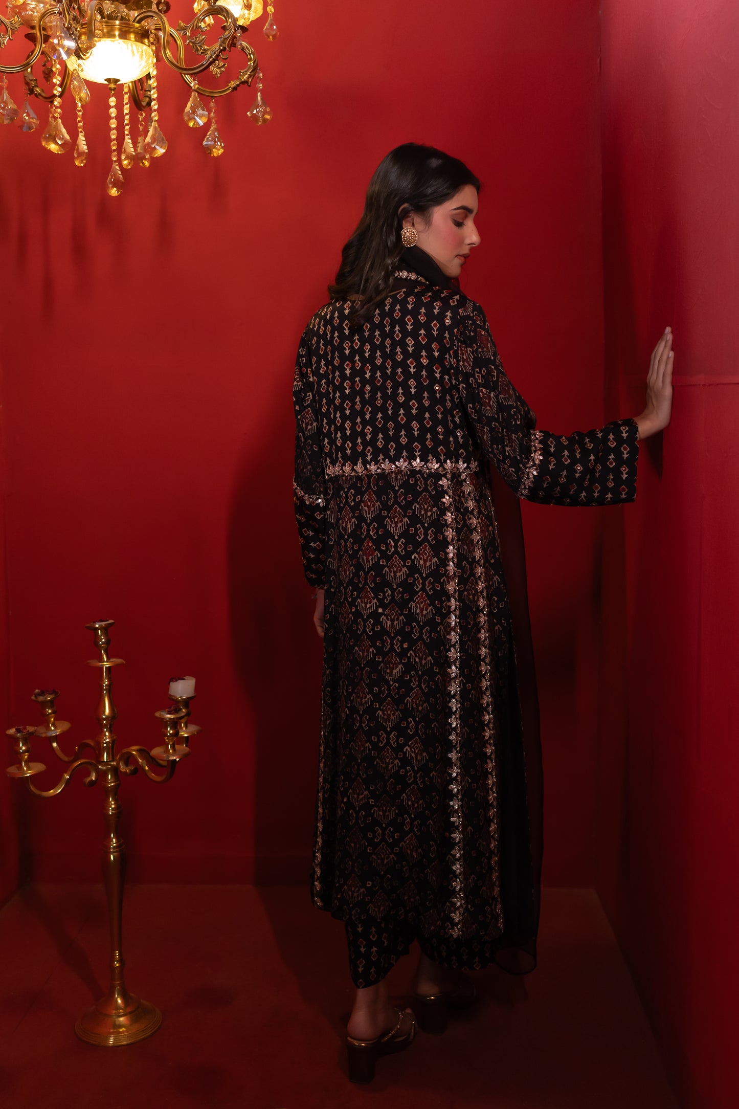 Black Modal Satin Ajrakh Print Double Kali Kurta Set