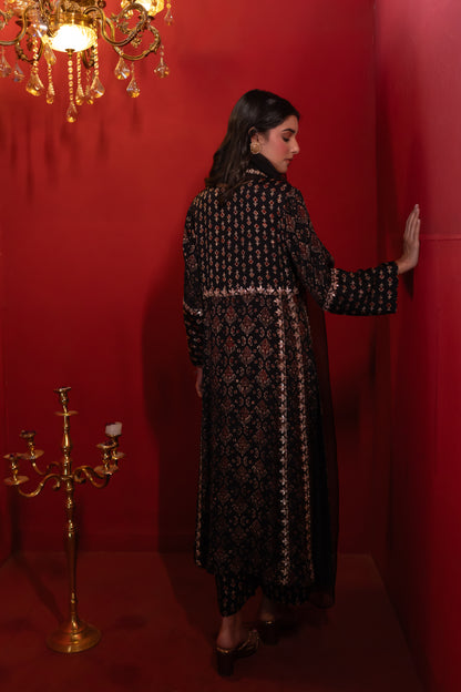Black Modal Satin Ajrakh Print Double Kali Kurta Set