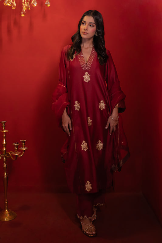 Wine Shoulder Kali Chanderi Kurta Set