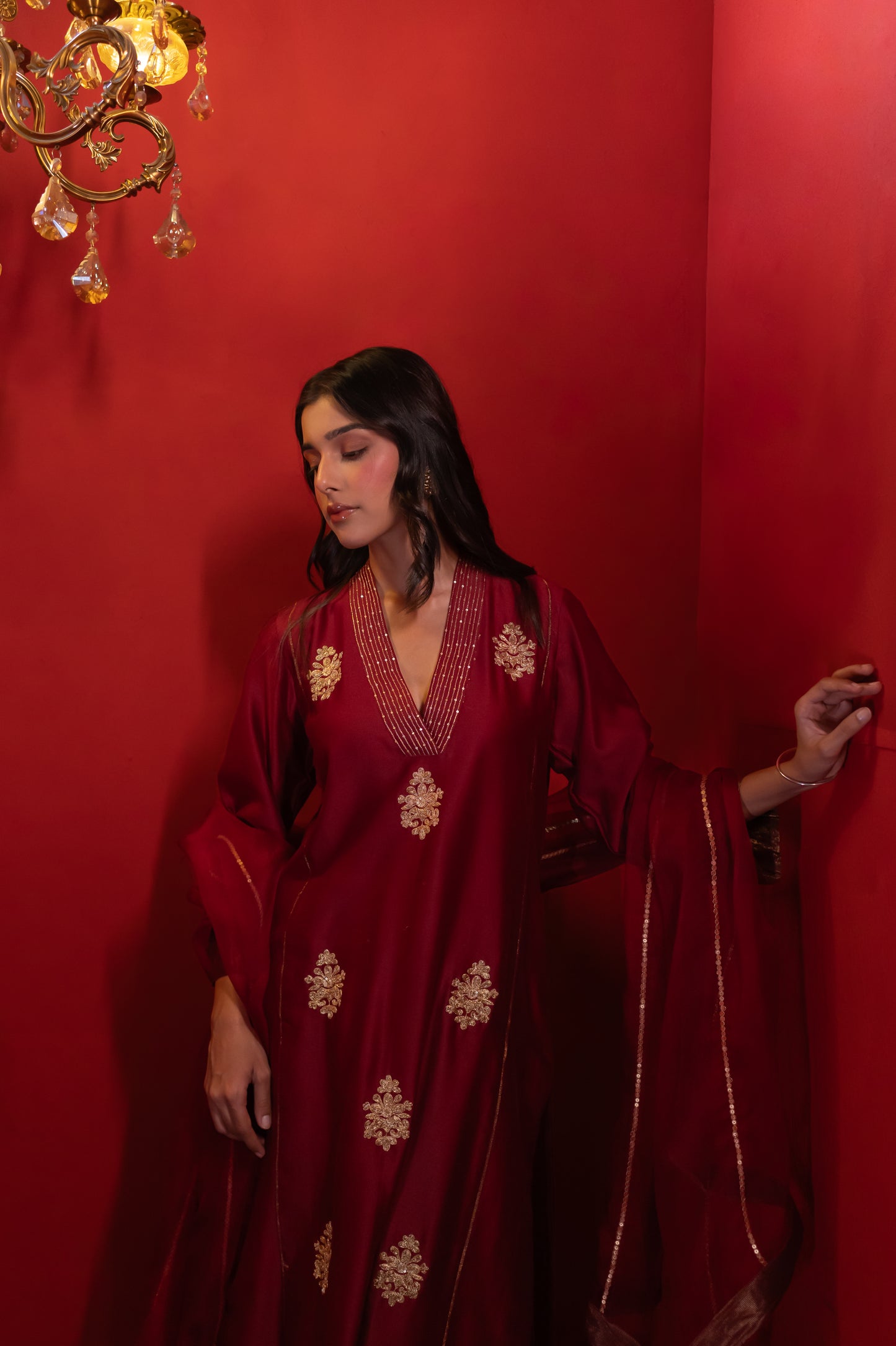 Wine Shoulder Kali Chanderi Kurta Set