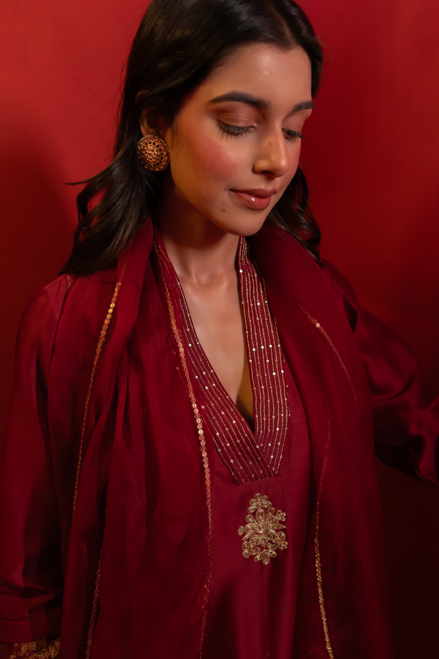 Wine Shoulder Kali Chanderi Kurta Set