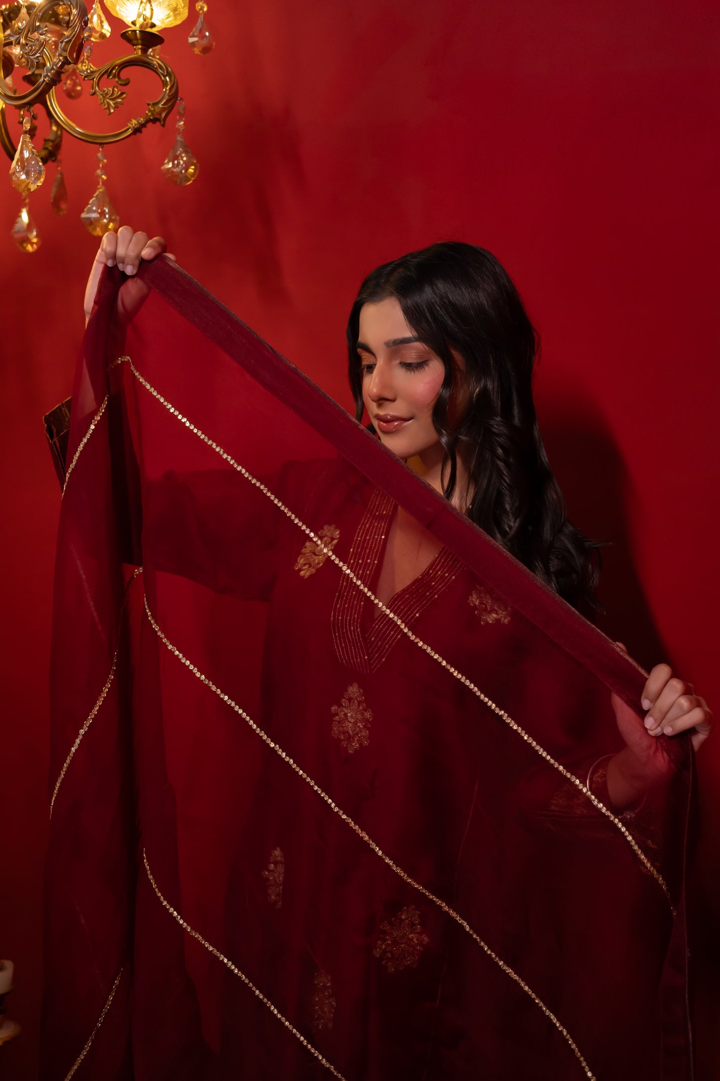 Wine Shoulder Kali Chanderi Kurta Set