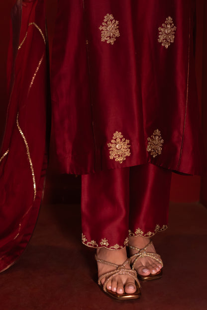 Wine Shoulder Kali Chanderi Kurta Set