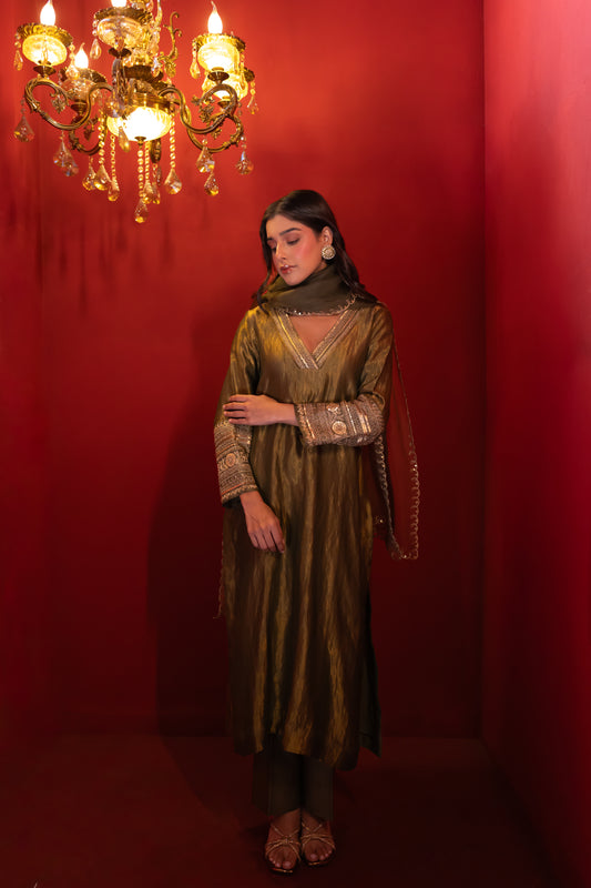 Olive Green Chanderi Kurta Set