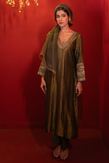 Olive Green Chanderi Kurta Set