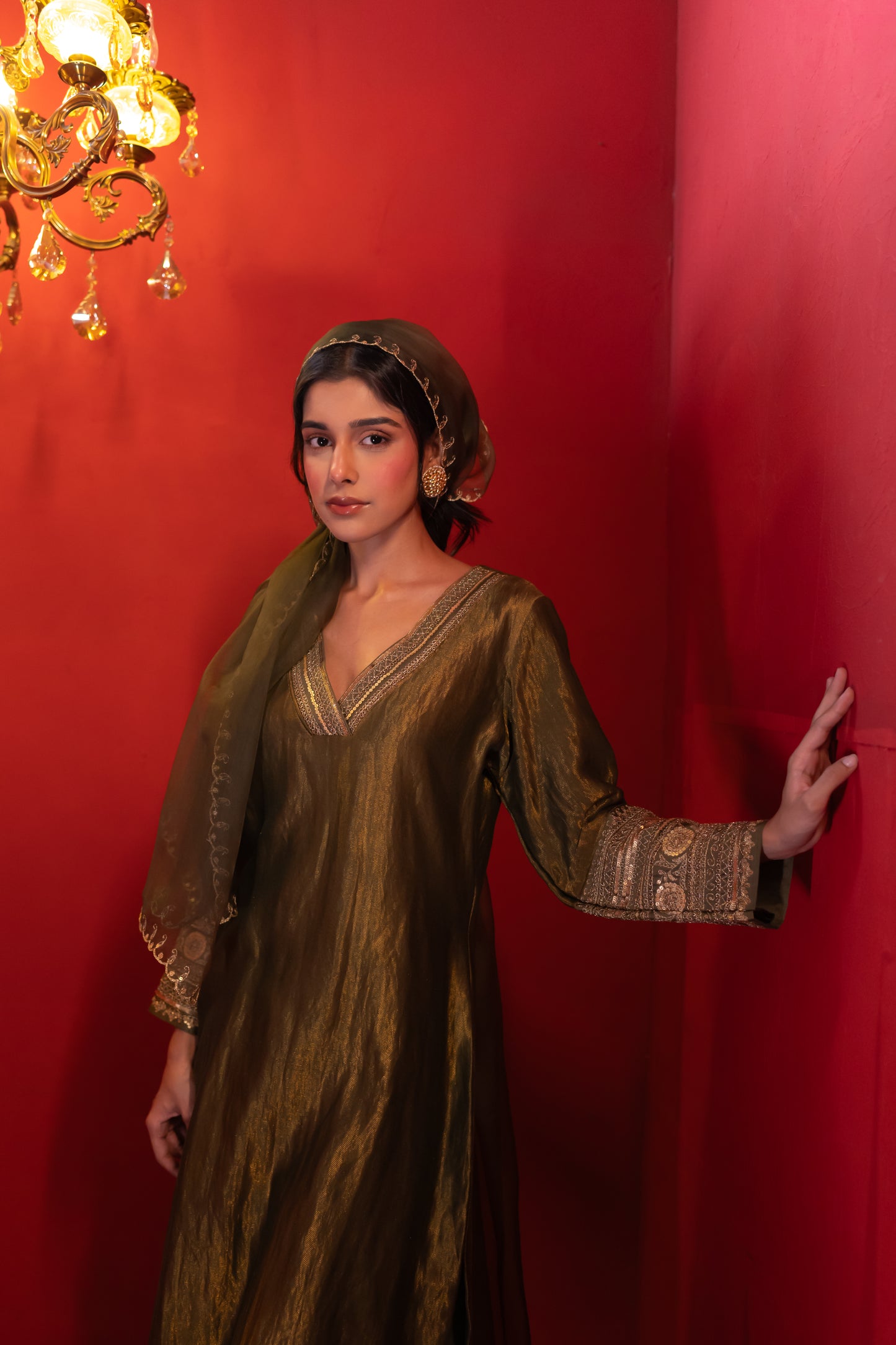 Olive Green Chanderi Kurta Set