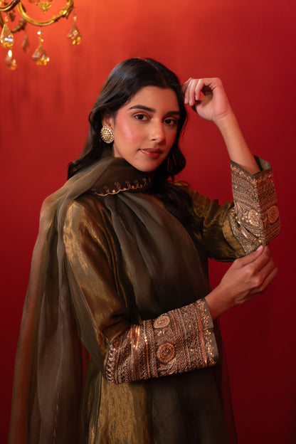 Olive Green Chanderi Kurta Set