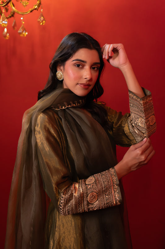 Olive Green Chanderi Kurta Set