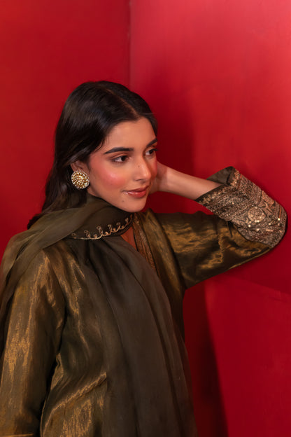 Olive Green Chanderi Kurta Set