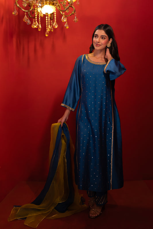 Blue Mukaish Kali Kurta Set