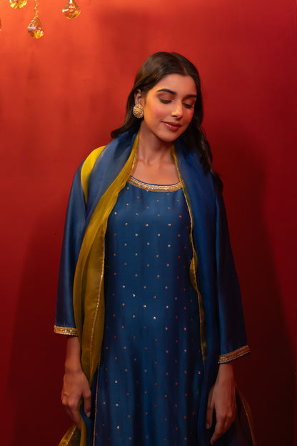 Blue Mukaish Kali Kurta Set
