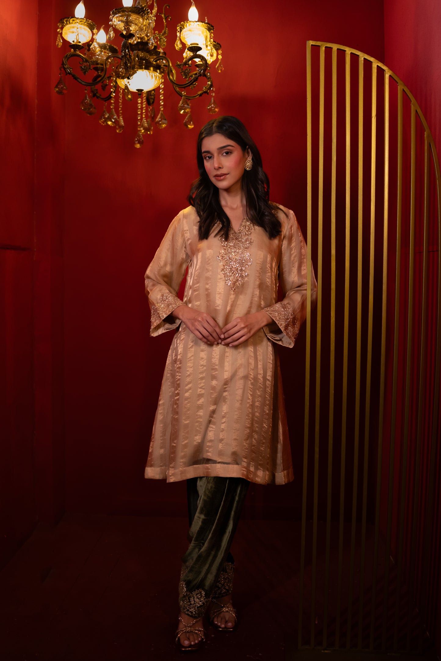 Gold Organza Tissue Striped Kurta Set
