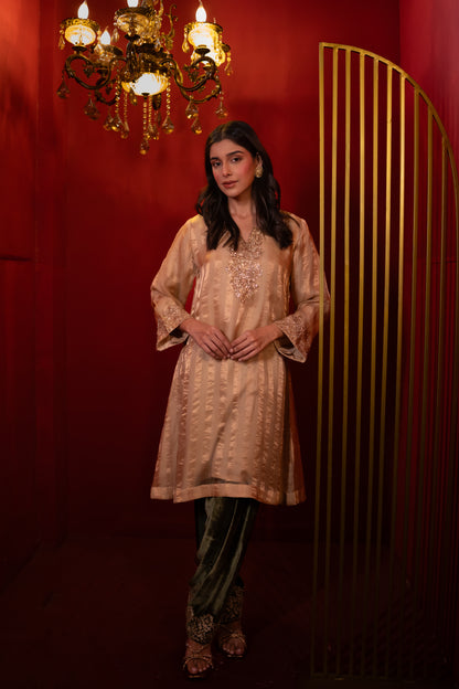 Gold Organza Tissue Striped Kurta Set
