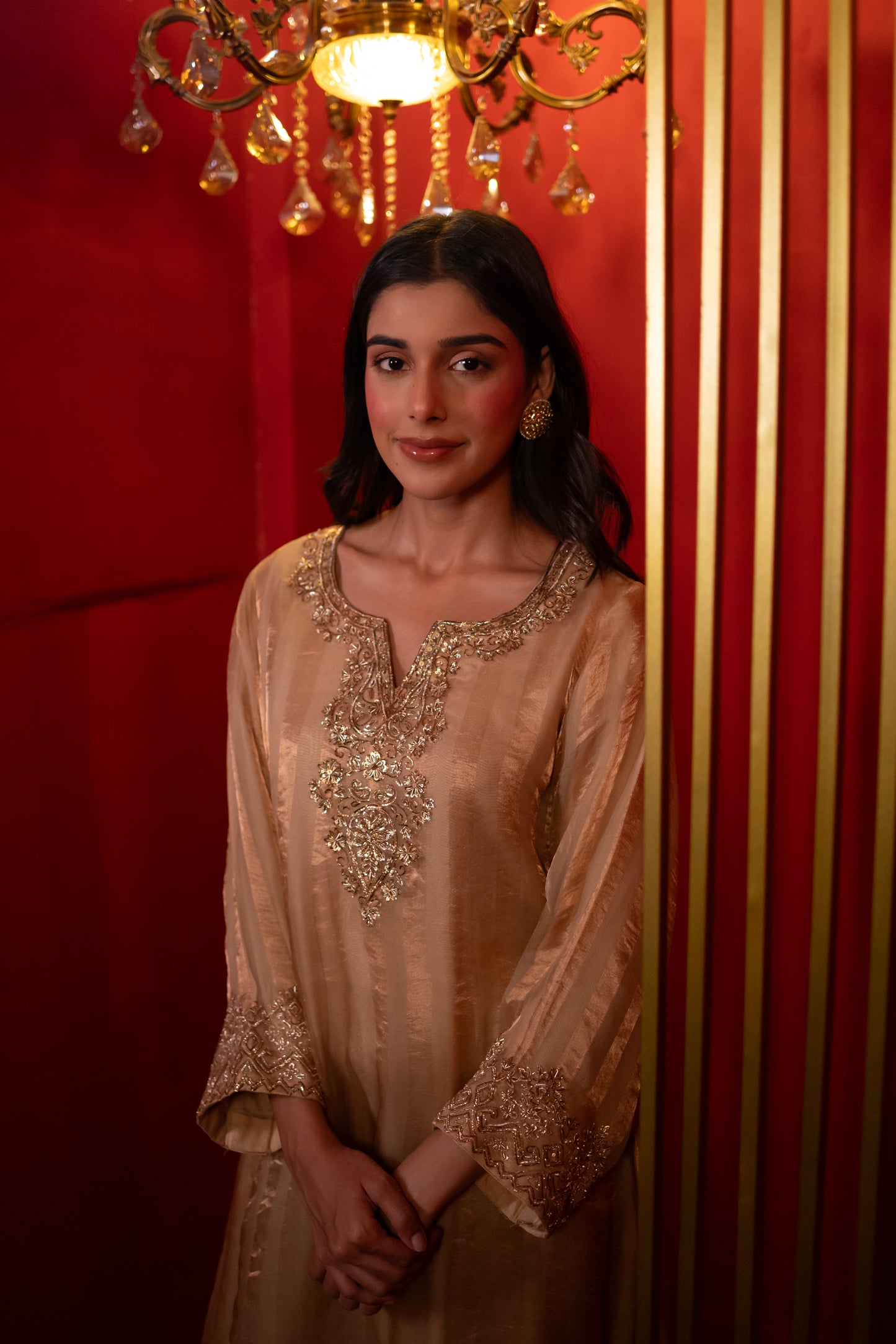 Gold Organza Tissue Striped Kurta Set