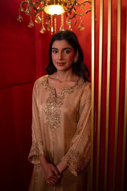 Gold Organza Tissue Striped Kurta Set