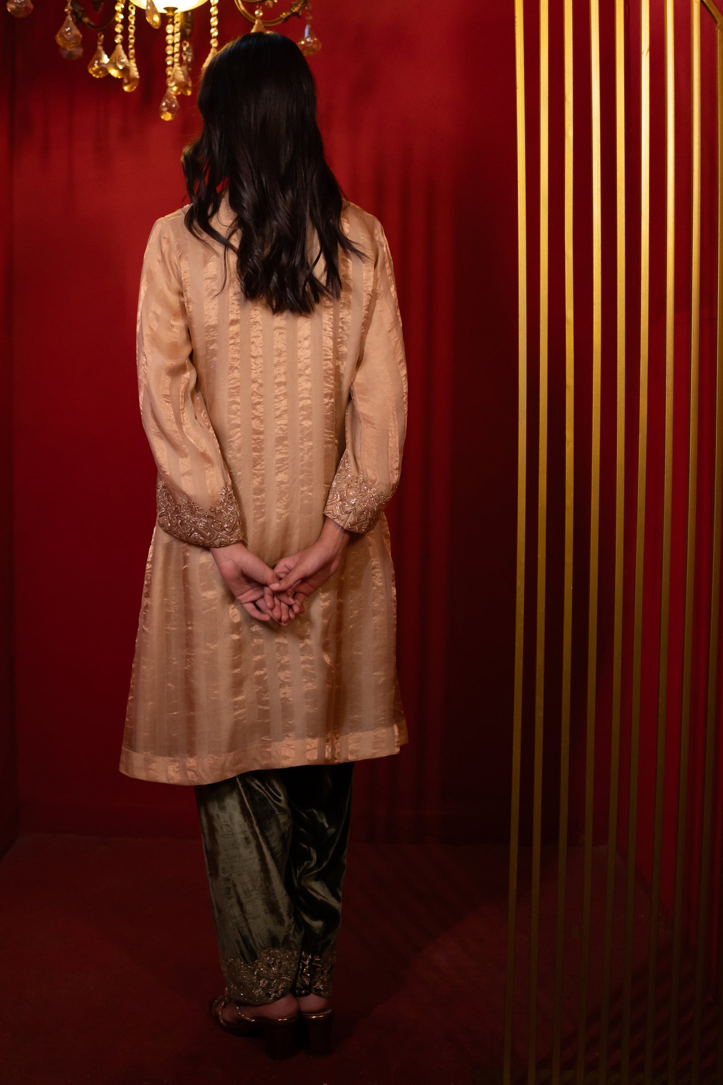 Gold Organza Tissue Striped Kurta Set