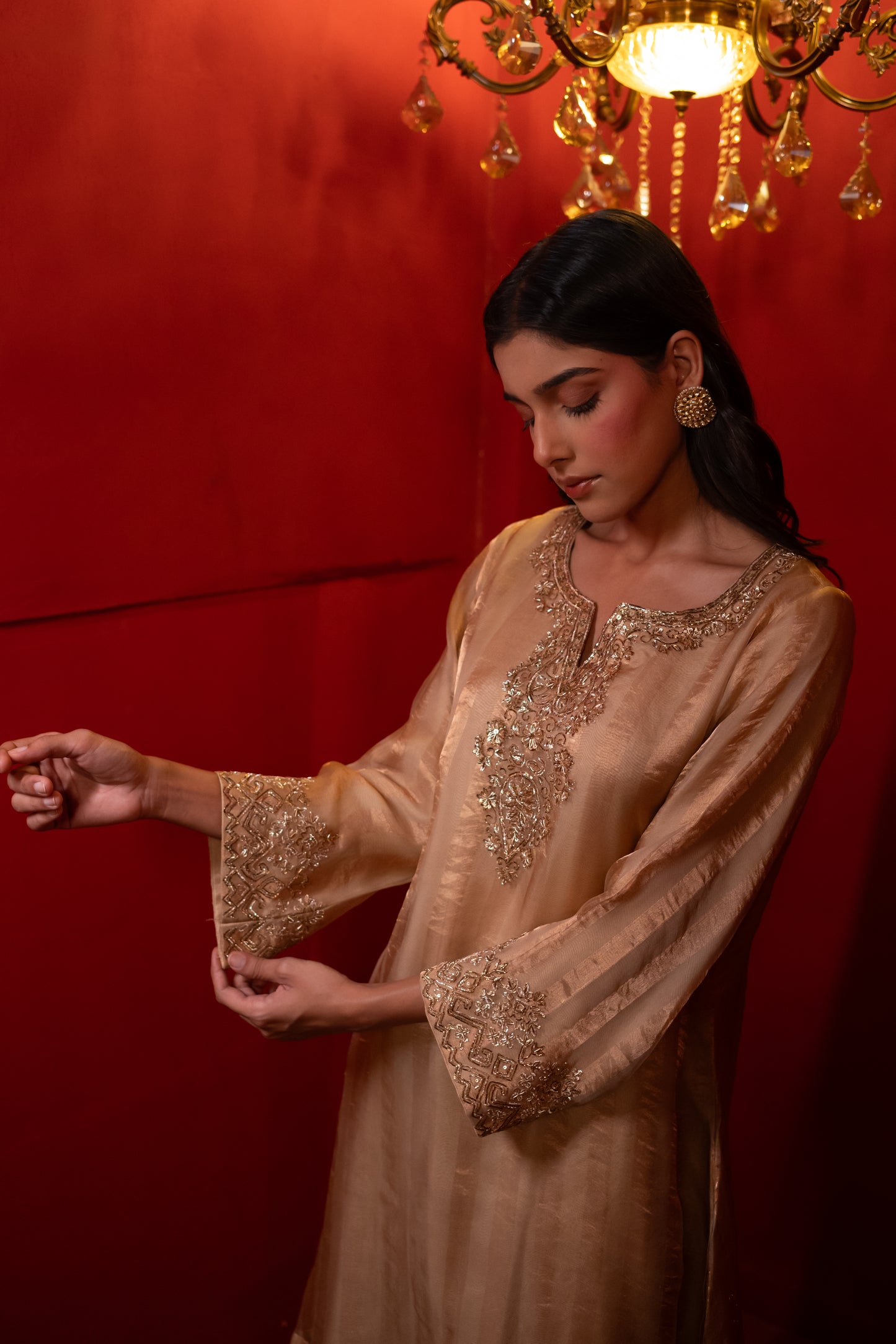 Gold Organza Tissue Striped Kurta Set