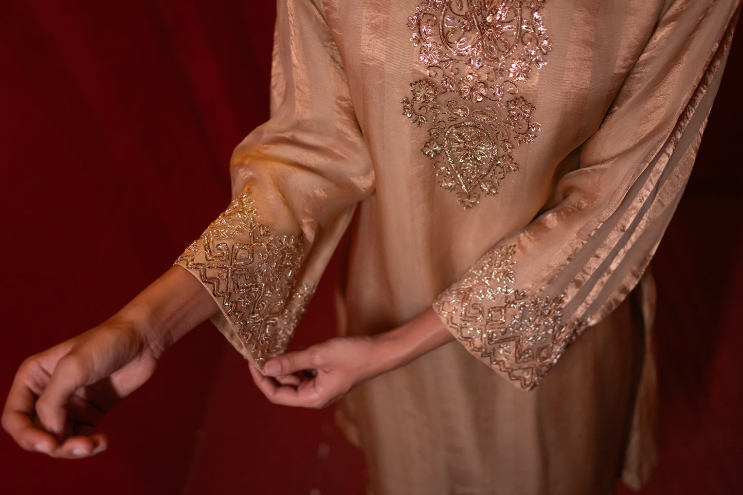 Gold Organza Tissue Striped Kurta Set