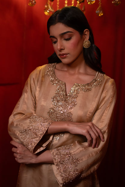 Gold Organza Tissue Striped Kurta Set