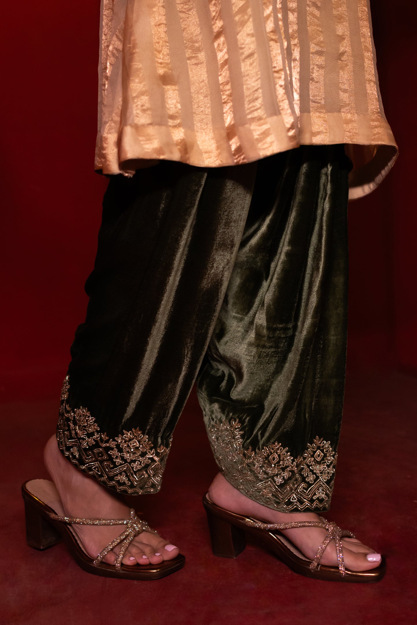 Gold Organza Tissue Striped Kurta Set