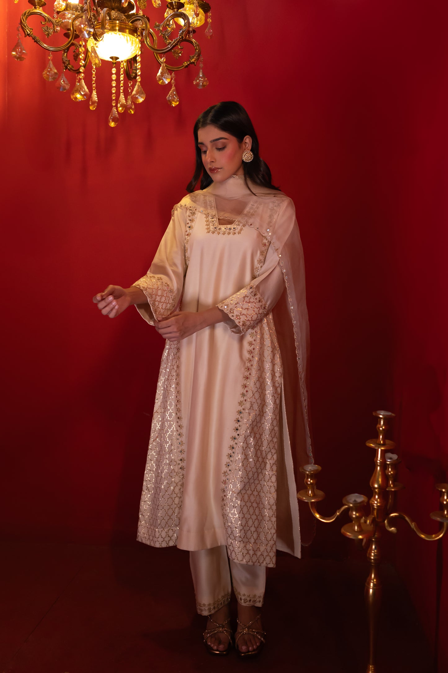 Ivory Chanderi Banarasi Kali Kurta Set