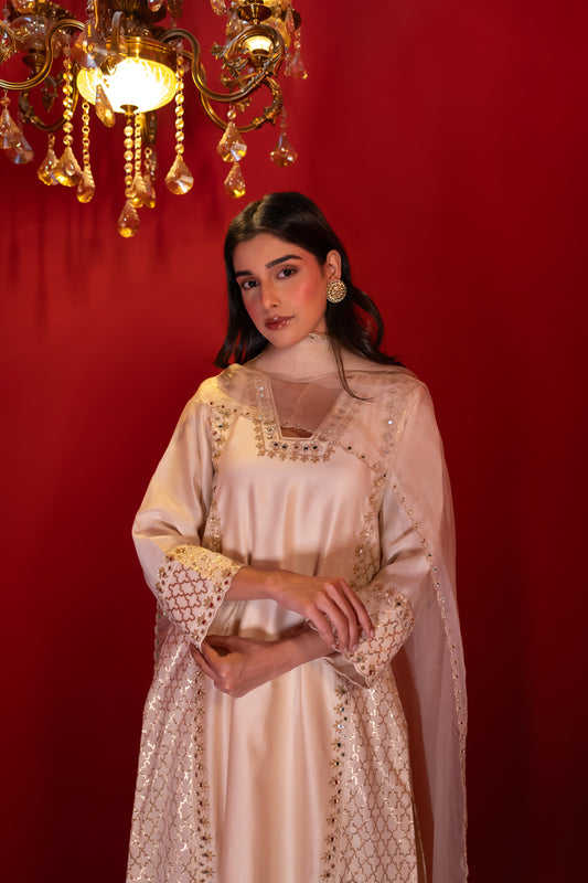 Ivory Chanderi Banarasi Kali Kurta Set