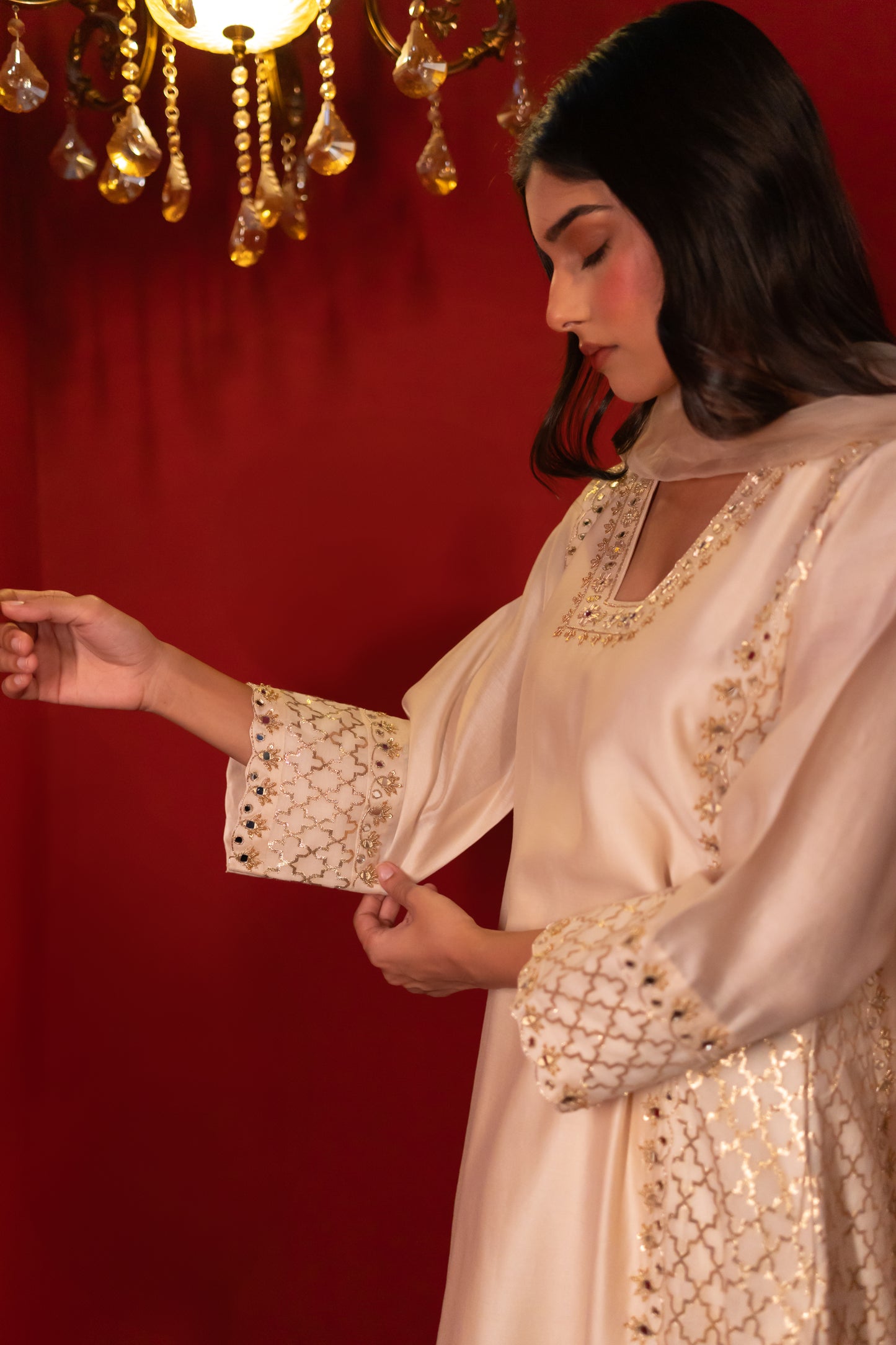 Ivory Chanderi Banarasi Kali Kurta Set