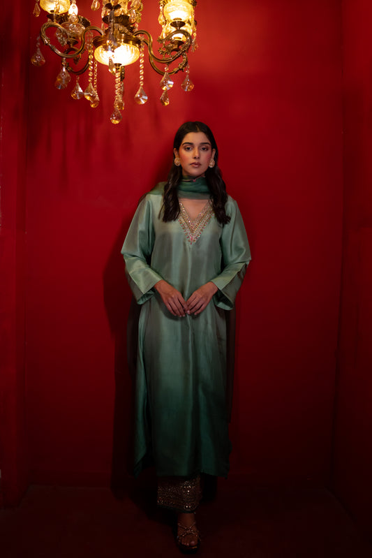 Ombre Sage Green Asymmetrical Kurta Set