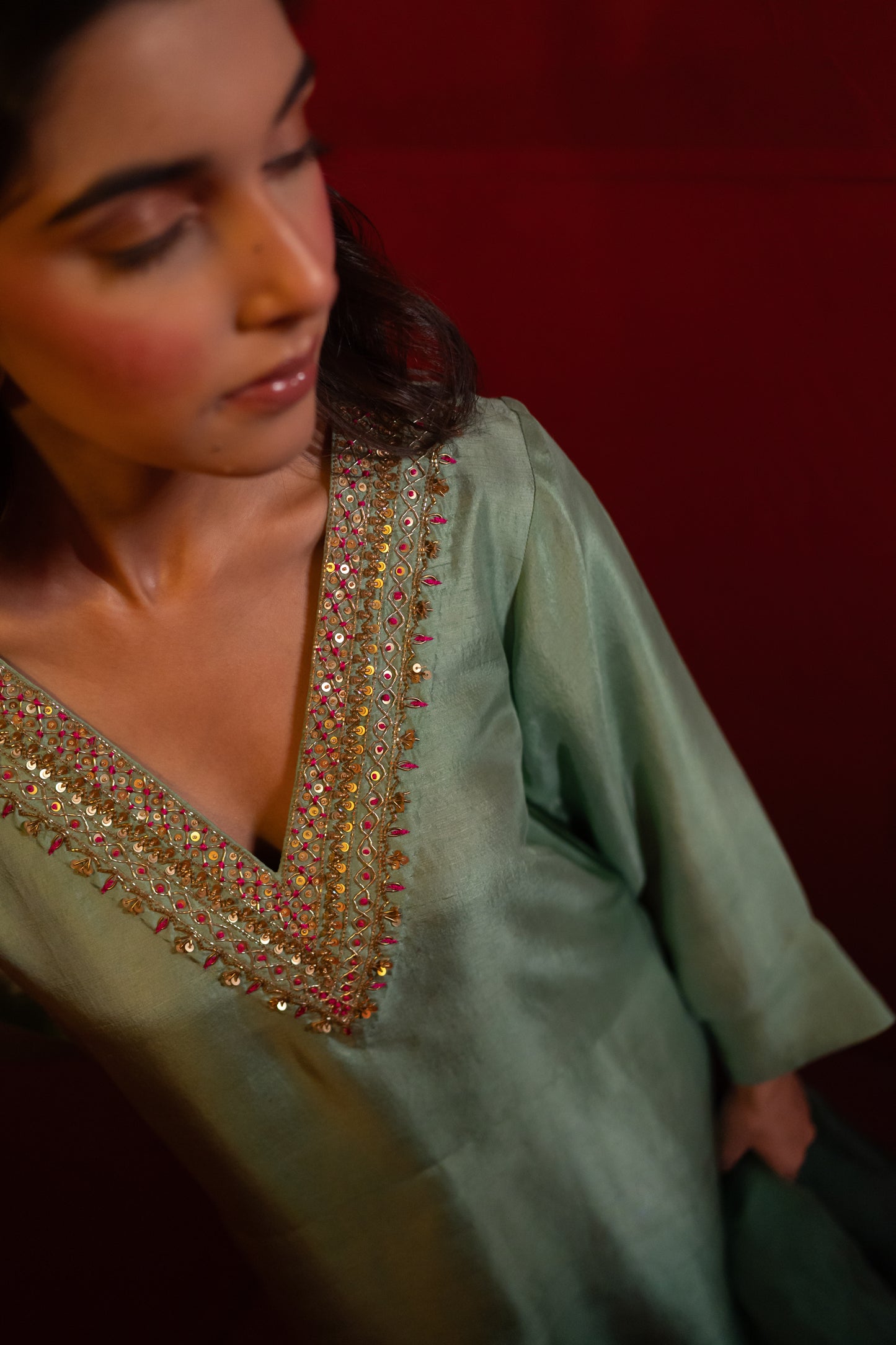 Ombre Sage Green Asymmetrical Kurta Set