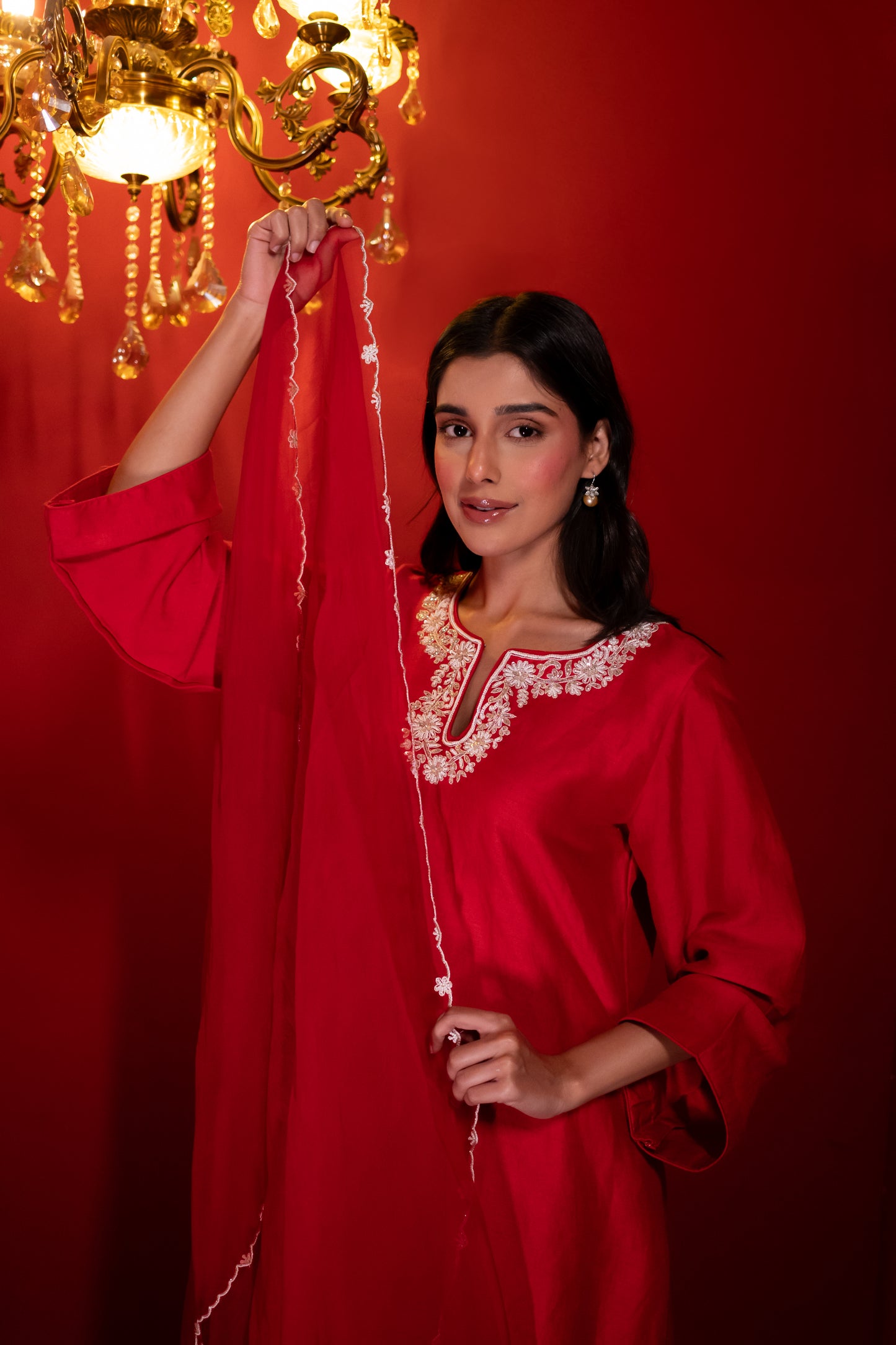 Red Semi Dupion Silk Kurta Set
