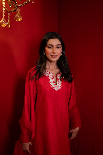 Red Semi Dupion Silk Kurta Set