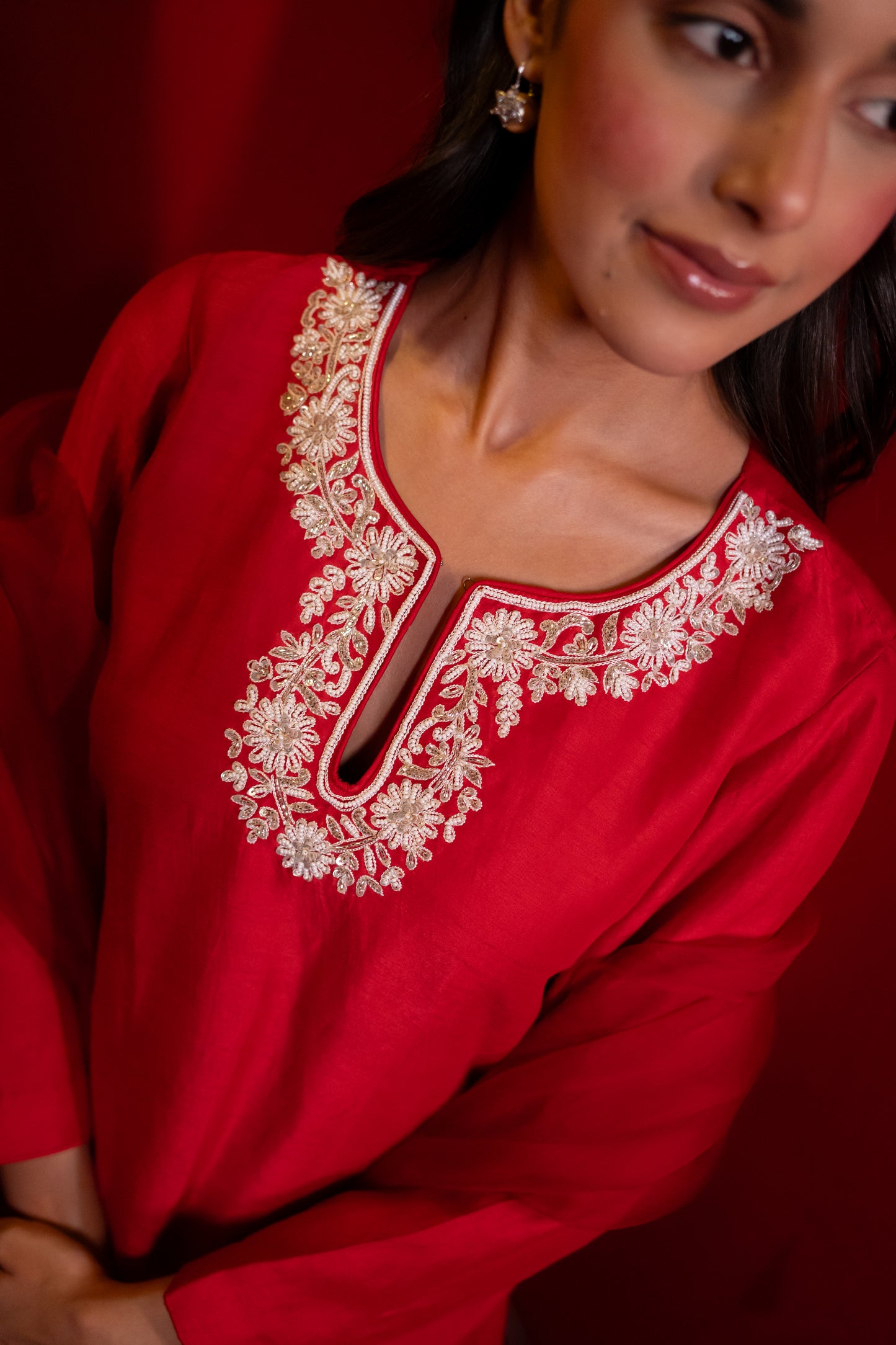 Red Semi Dupion Silk Kurta Set