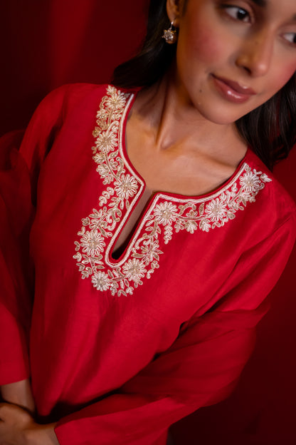 Red Semi Dupion Silk Kurta Set