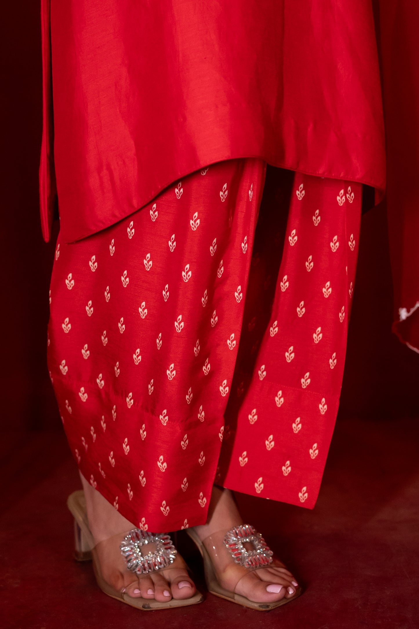 Red Semi Dupion Silk Kurta Set