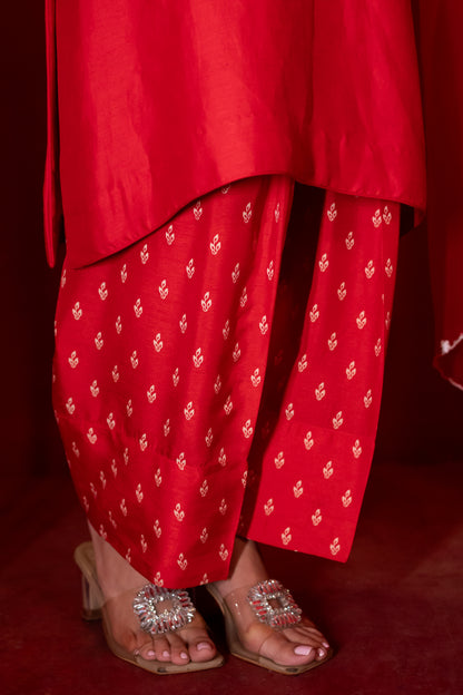 Red Semi Dupion Silk Kurta Set