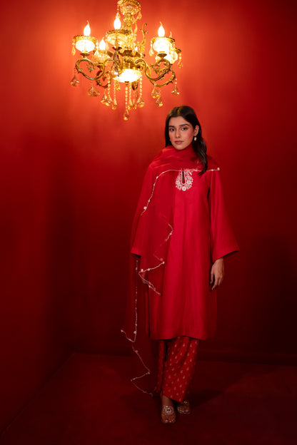 Red Semi Dupion Silk Kurta Set