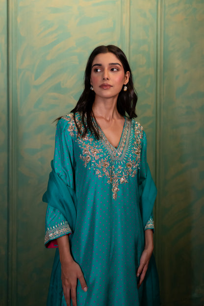 Turquoise Green Bandhej Print Dupion Silk Kurta Set