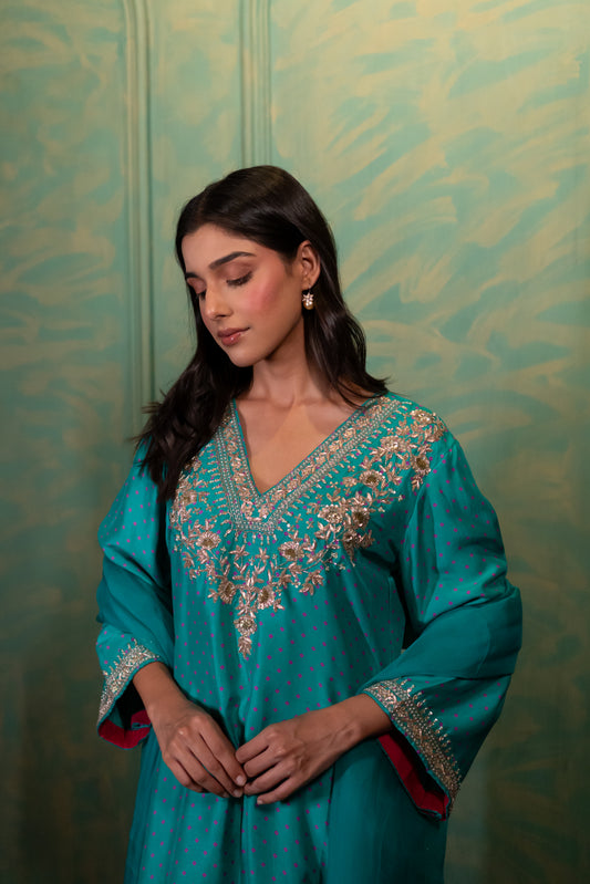 Turquoise Green Bandhej Print Dupion Silk Kurta Set