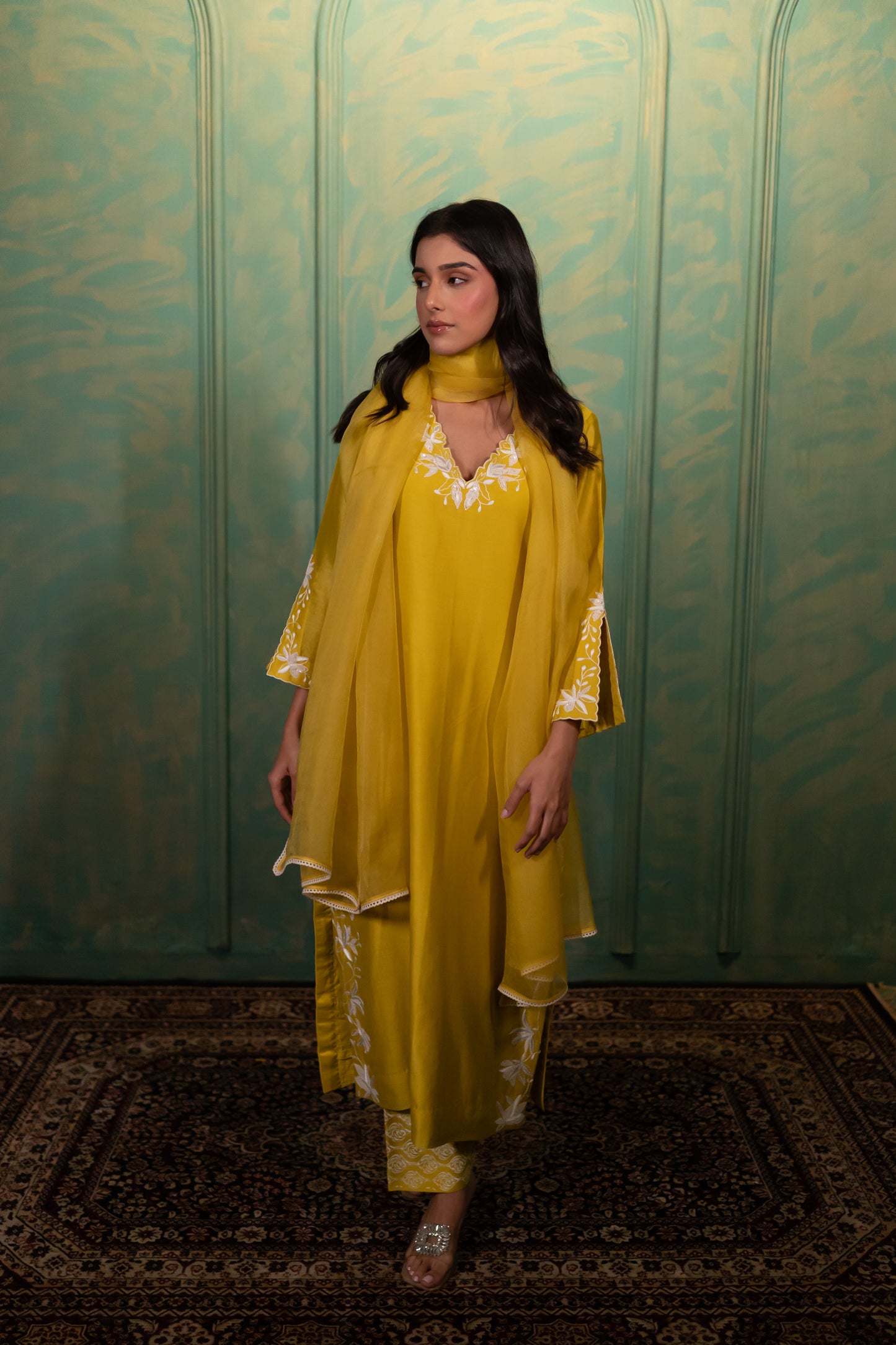 Yellow Chanderi A-Line Kurta Set