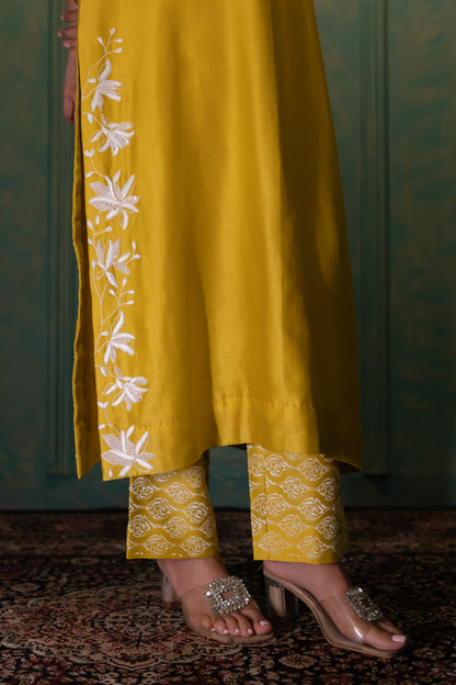 Yellow Chanderi A-Line Kurta Set