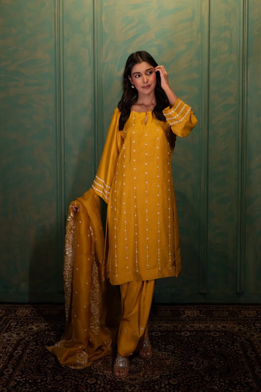 Mustard Dupion Silk Embroidered Kurta Set